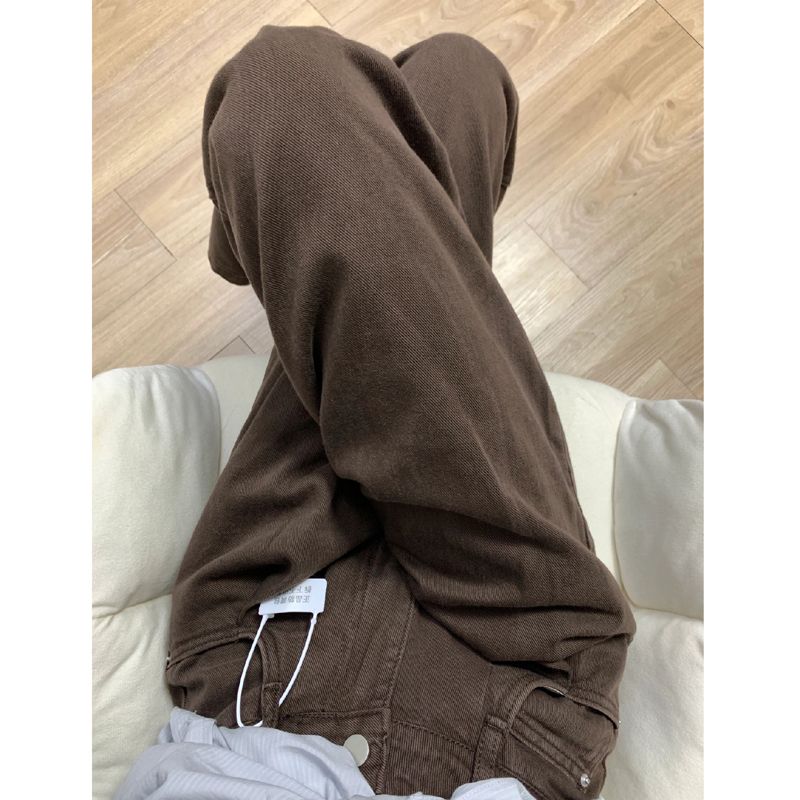 咖色復古做舊闊腿牛仔褲女春秋小個子高腰顯瘦直筒褲寬鬆拖地長褲