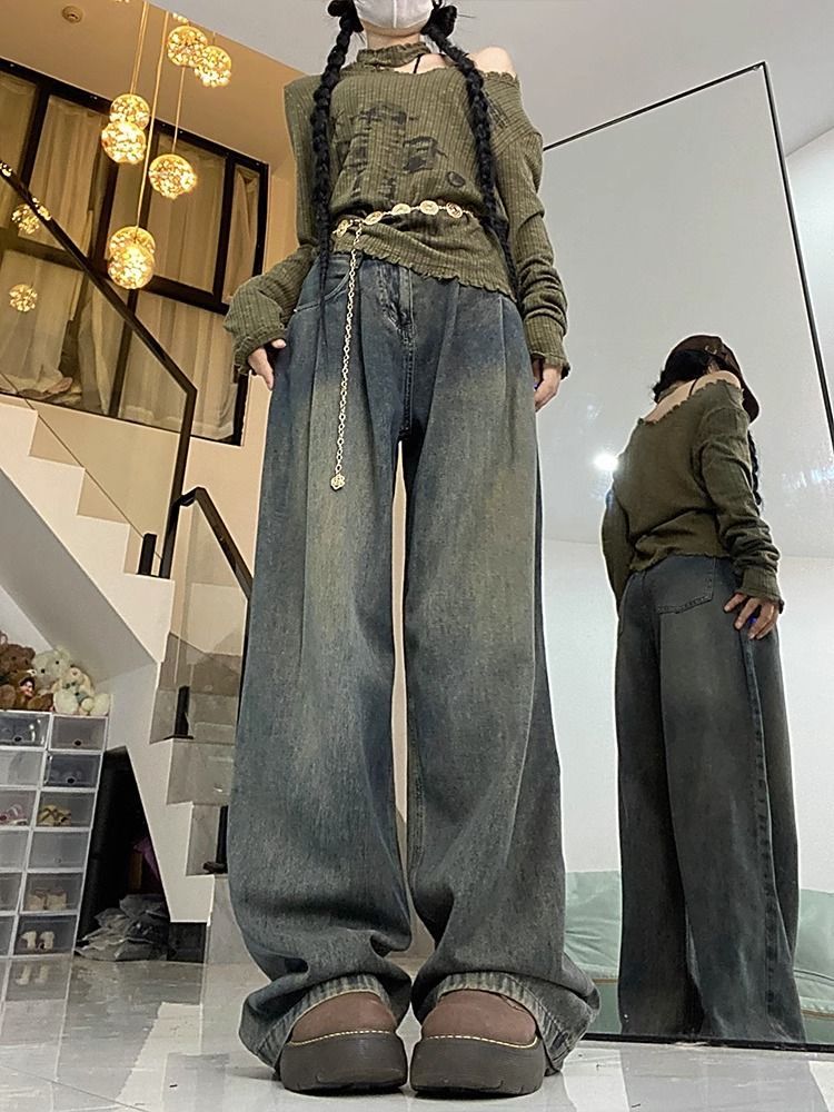 美式復古闊腿牛仔褲女春秋新款高街設計感垂感寬鬆顯瘦高腰直筒褲