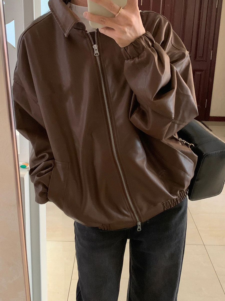 Large size retro brown pu leather jacket women's autumn and winter  new design versatile motorcycle jacket top