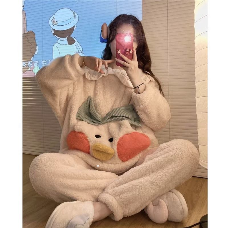 可愛卡通鴨子珊瑚絨睡衣女秋冬季新款加絨加厚家居服兩件套可外穿