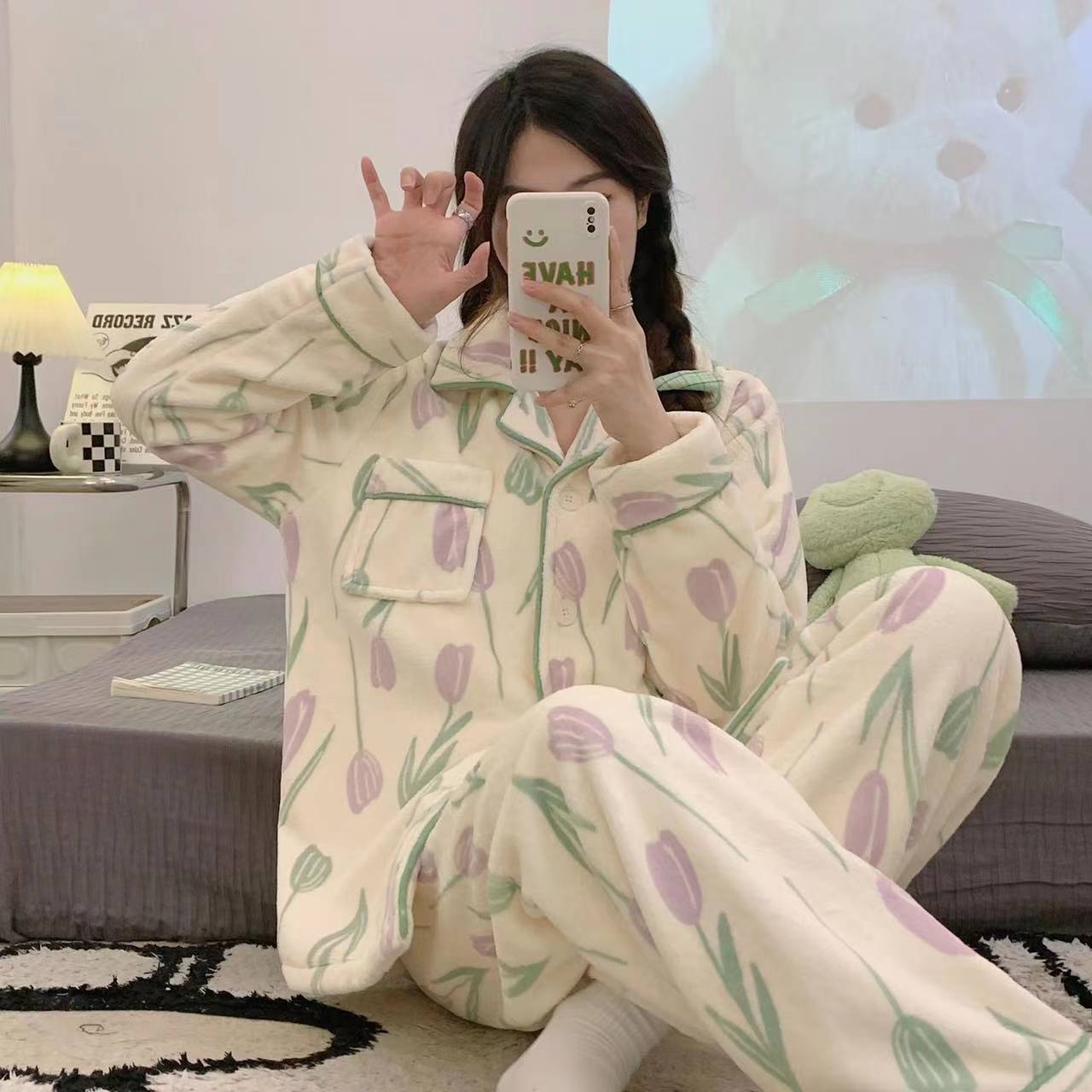 睡衣女秋冬季鬱金香珊瑚絨加絨加厚保暖甜美法蘭絨家居服套裝冬天