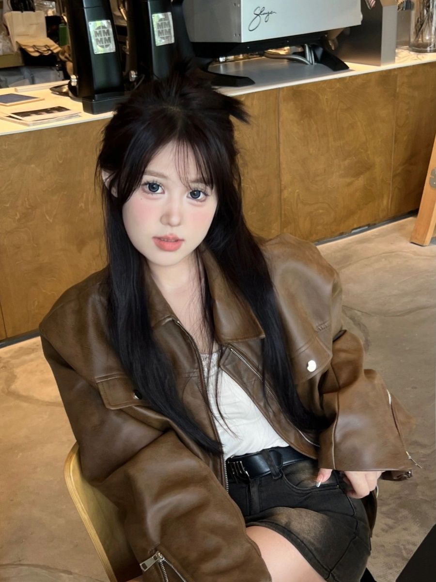 Large size brown leather jacket women's autumn and winter new large size American retro short pu leather jacket motorcycle jacket