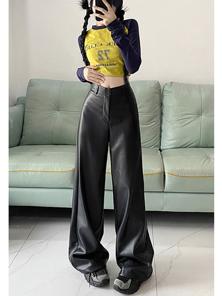 American large-size retro high-end PU leather casual pants for women in spring and autumn high-waist slim leather pants wide-leg pants floor-length trousers