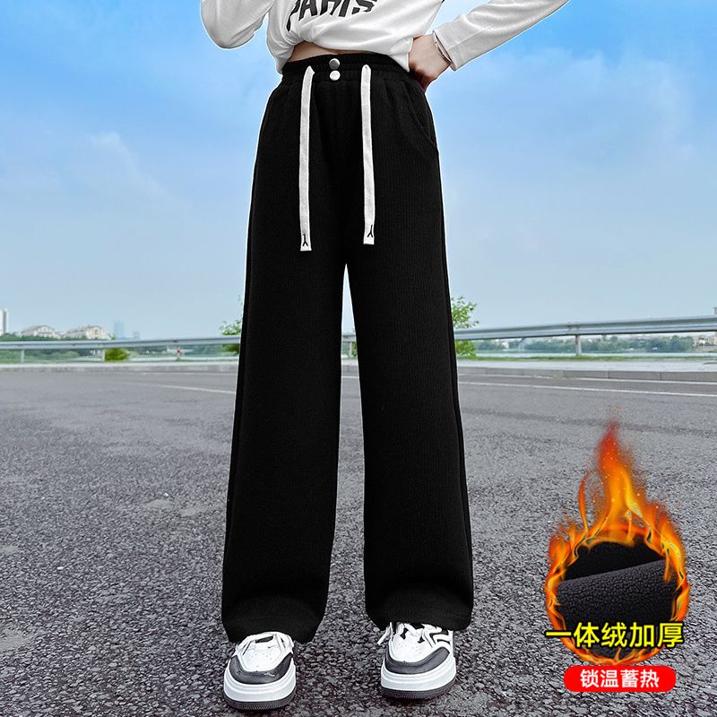 女童闊腿褲秋冬款2023新款時髦一體絨褲子兒童洋氣加絨加厚休閒褲