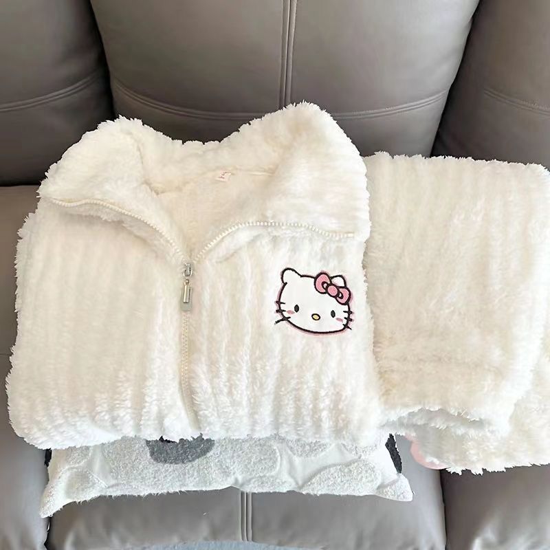 珊瑚絨睡衣女冬季新款ins加厚加絨可愛卡通拉鏈套裝法蘭絨兩件套
