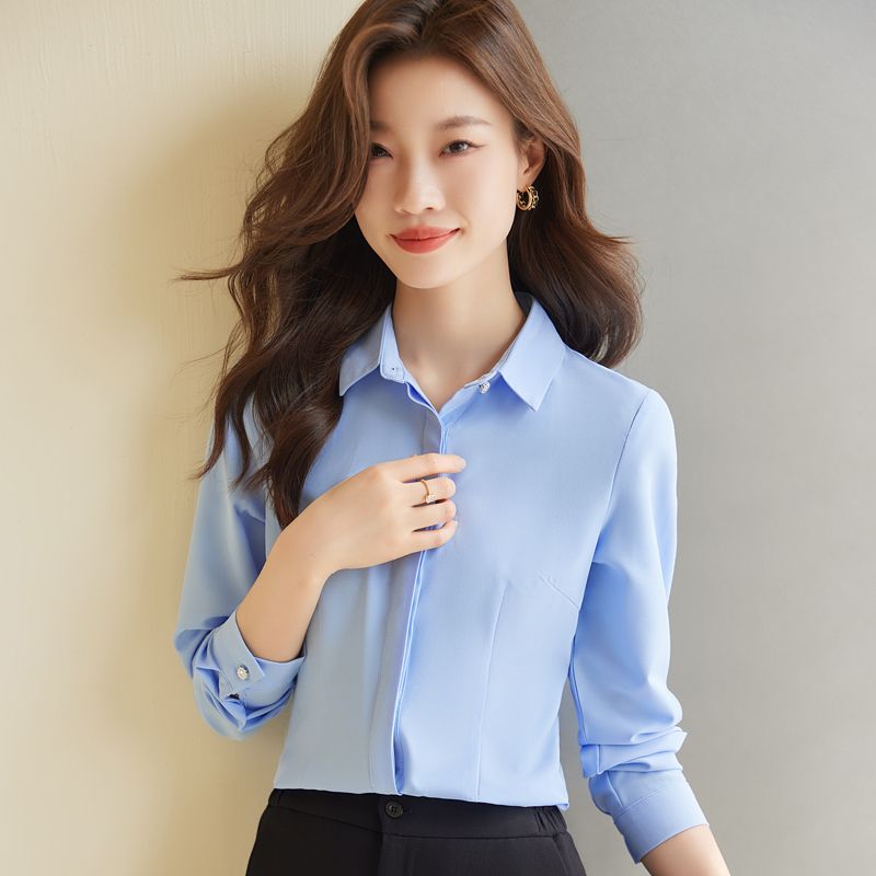 藍色職業襯衫女春秋2023新款上衣高端正裝套裝氣質工作服長袖襯衣