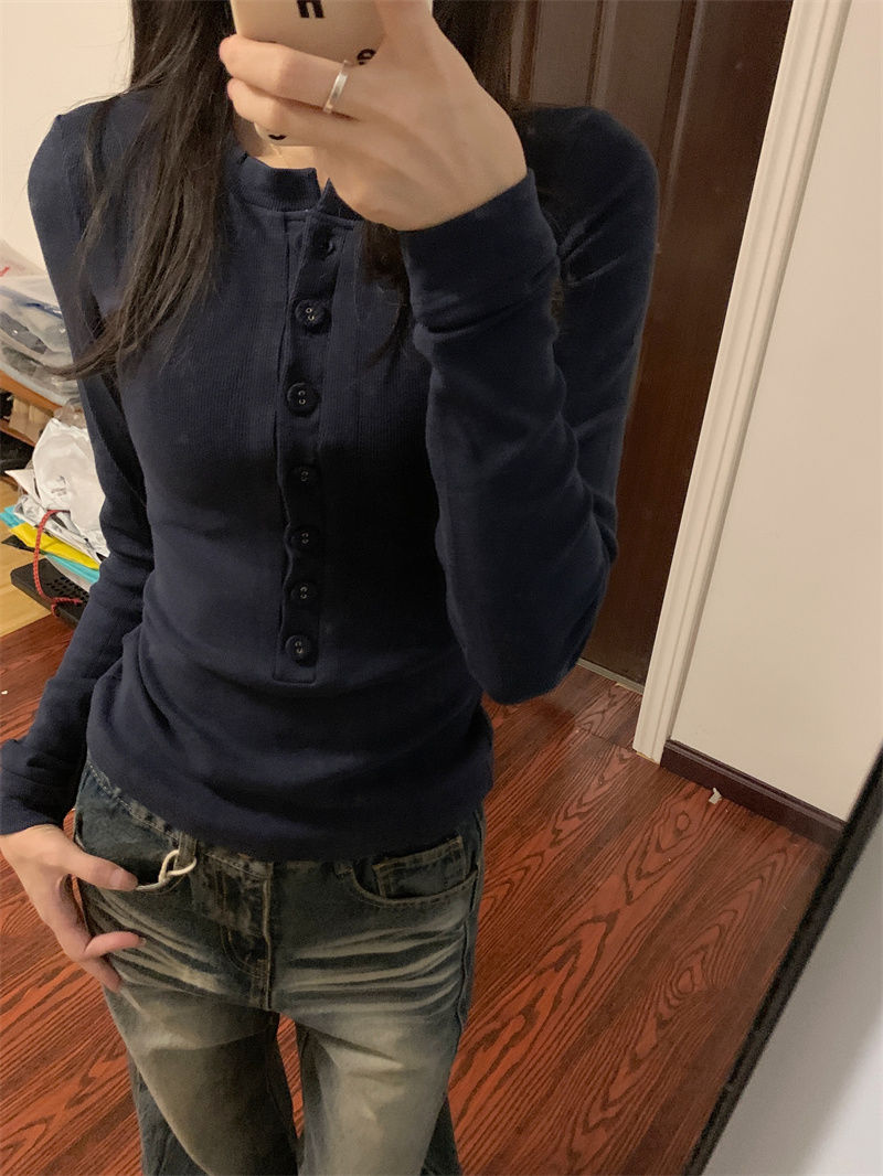 設計感紐扣長袖T恤女裝2023早秋修身顯瘦復古打底衫上衣