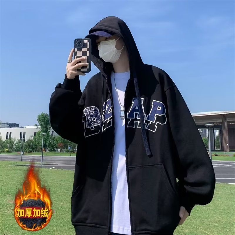 美式復古oversize連帽外套ins潮寬鬆開衫衛衣男學生字母刺繡上衣