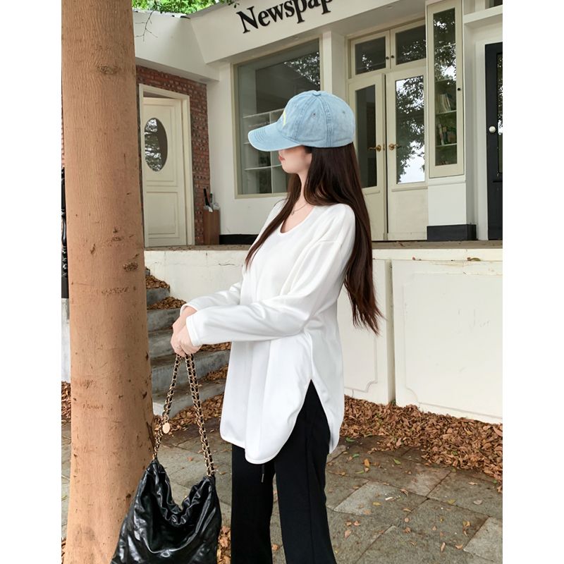 加絨加厚T恤女秋季2023新款慵懶風開叉設計感寬鬆中長款長袖上衣