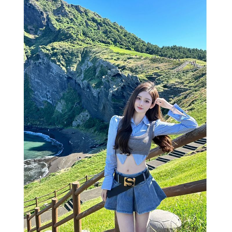 三件套裝/單件學院風辣妹短款針織背心女條紋襯衫高腰牛仔半身裙