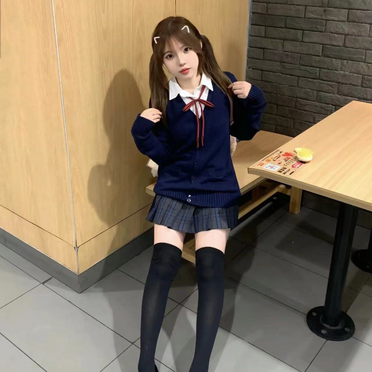原創jk制服學院風外穿套裝款秋冬季v領針織開衫毛衣外套爆款校服