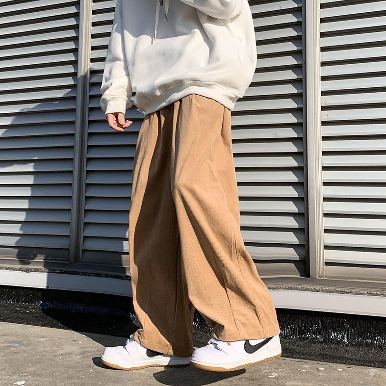日系復古ins闊腿休閒褲男潮牌百搭燈芯絨褲子學生寬鬆墜感長褲女
