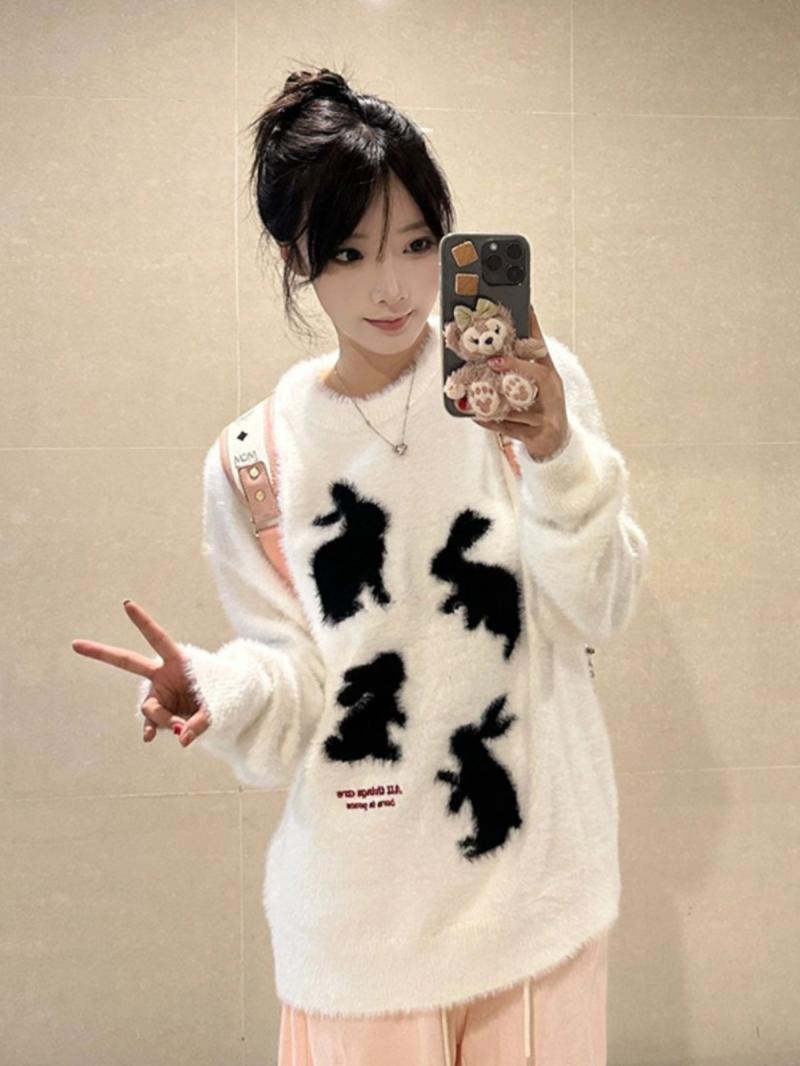 繽慕日系甜妹兔子白色毛衣女秋季設計感慵懶寬鬆小個子減齡針織衫