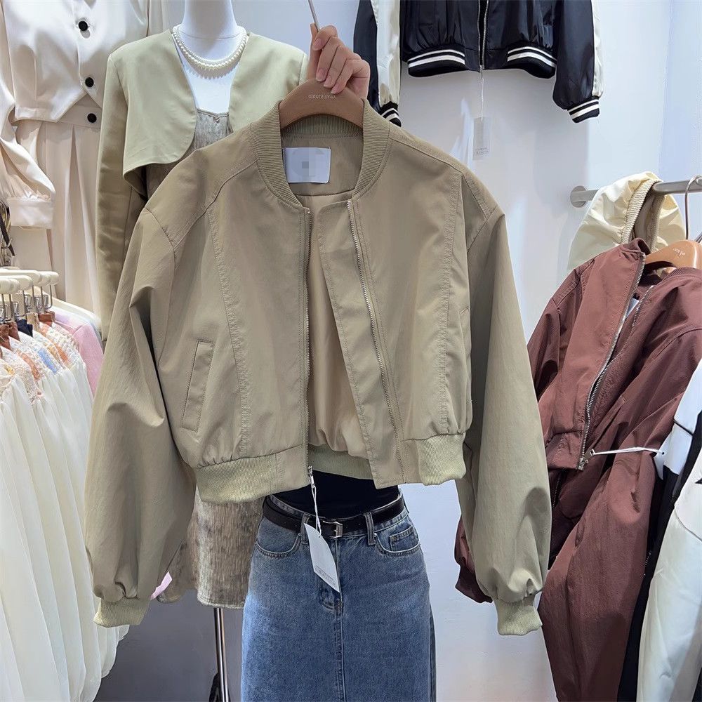Spring and Autumn New Korean Style Stand Collar Casual Loose Slim Short Baseball Uniform Solid Color Student Versatile Jacket Women's Trend