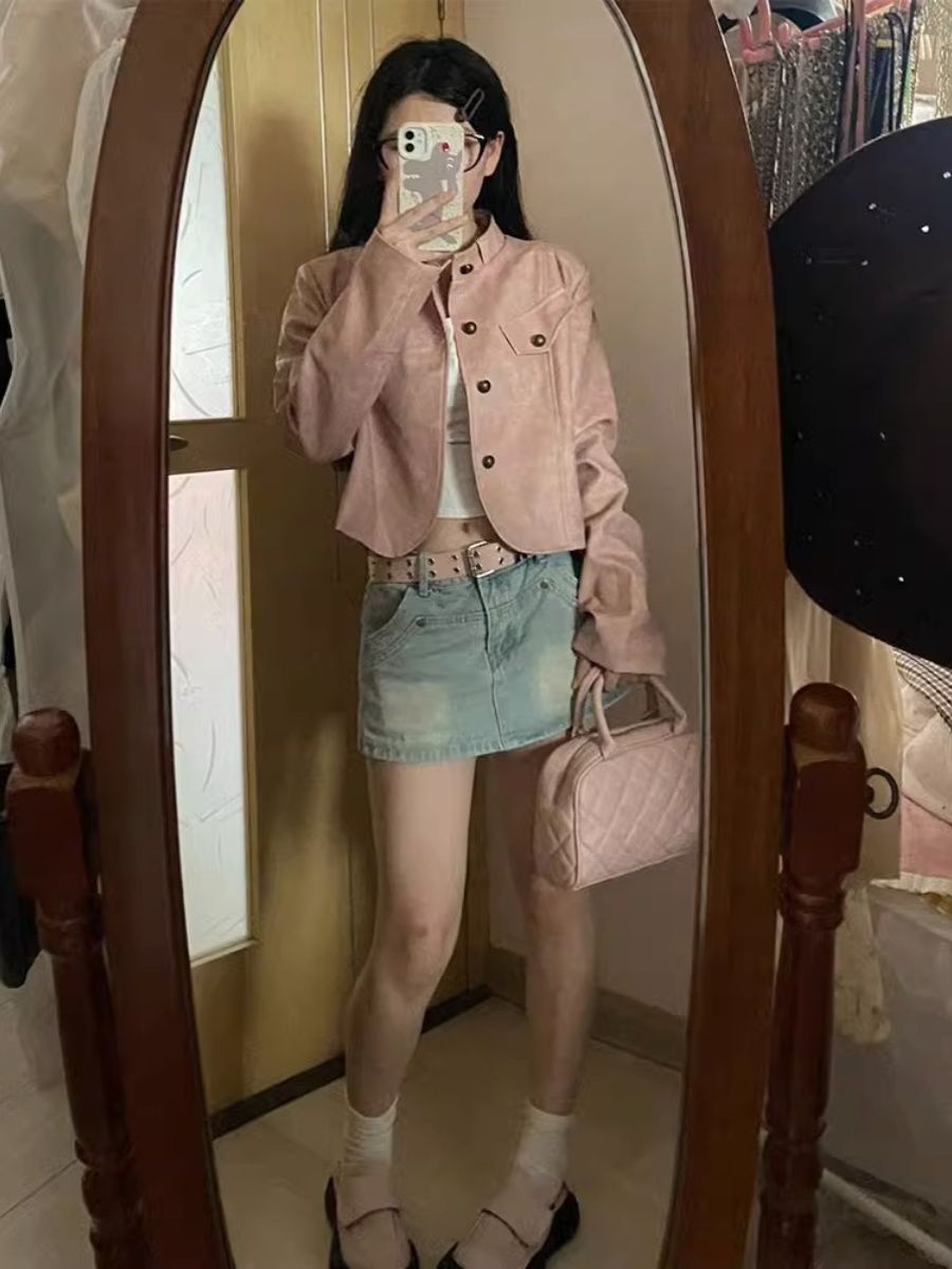 American retro pink leather jacket for women  autumn new design short loose motorcycle jacket top