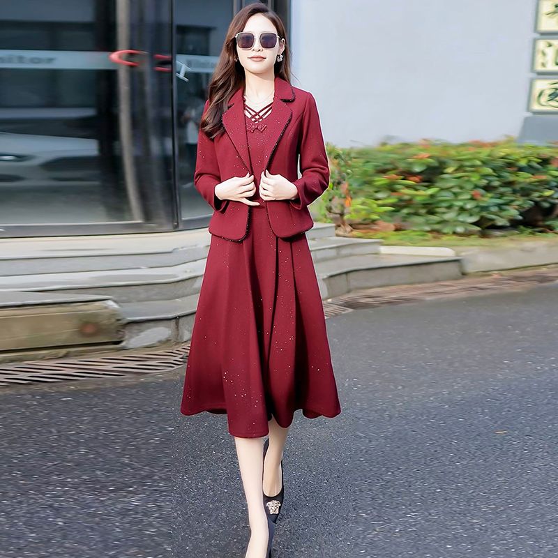 修身顯瘦兩件套裝禮服裙子2023年春秋款洋氣遮肉顯瘦優雅連衣裙女