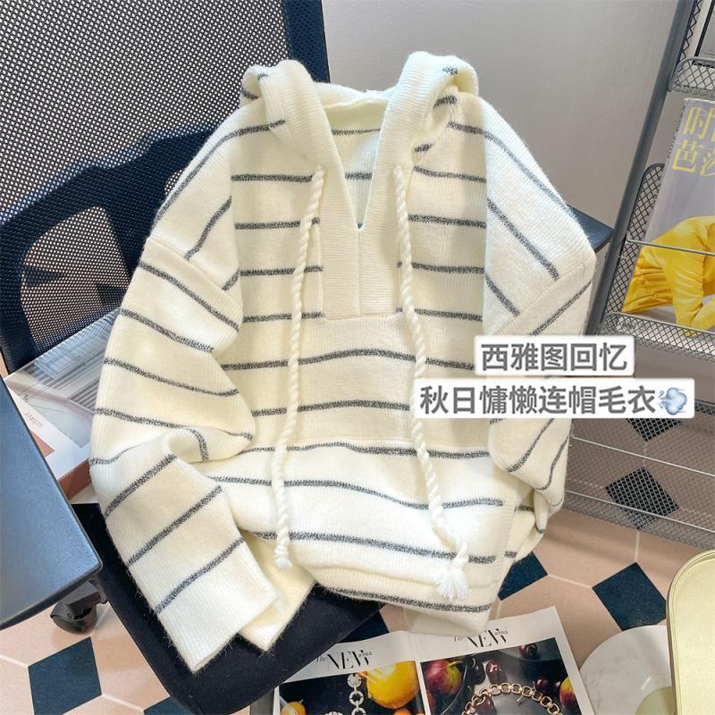 繽慕條紋連帽針織衫女春秋季奶系慵懶風高級感寬鬆休閒v領毛衣厚