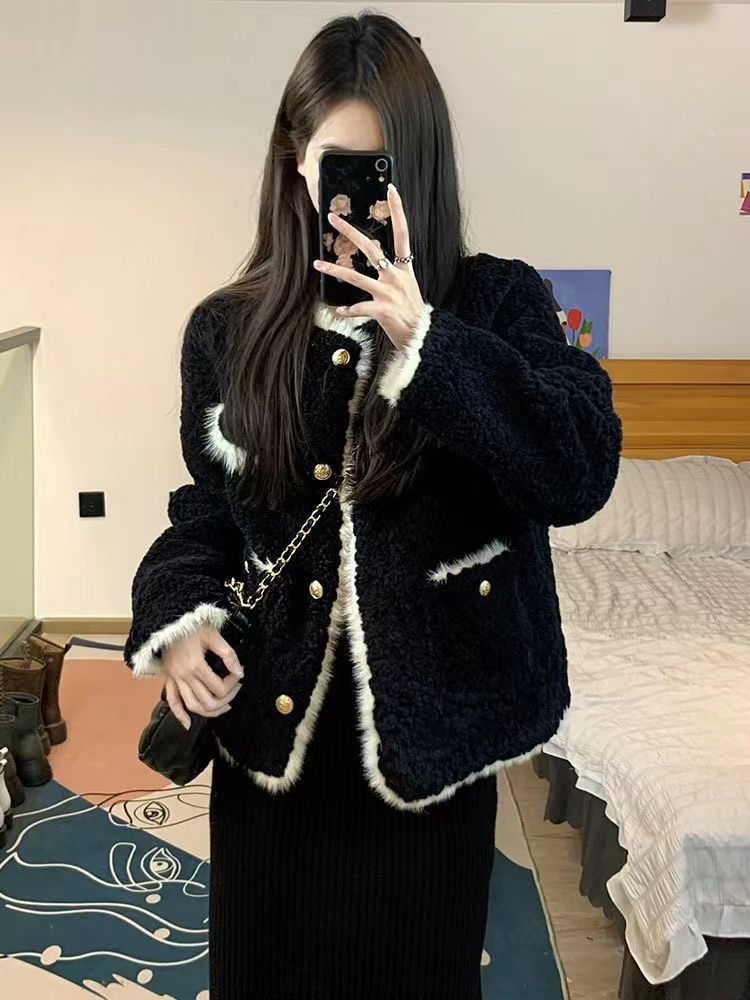 大碼小香風外套女秋冬新款羊羔毛絨皮毛一體加厚黑色毛毛上衣短款
