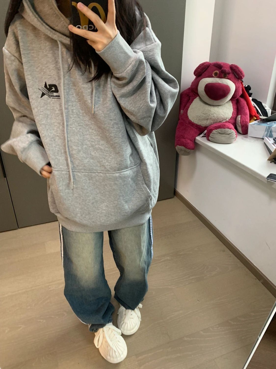 國潮高街復古黃泥水洗做舊百搭直筒牛仔褲女新款設計三條槓闊腿褲