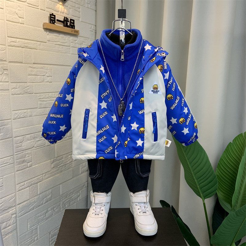 小黃鴨兒童衝鋒衣2023新款三合一寶寶秋冬裝衣服男童加厚夾棉外套