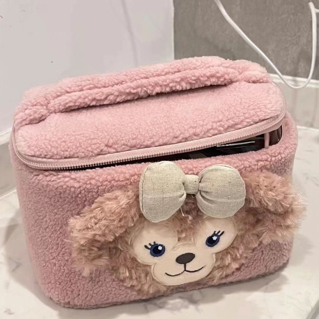 Shirley Rose cosmetic bag, stain-resistant flip-top plush cute doll travel bag, cartoon sherpa bear storage bag