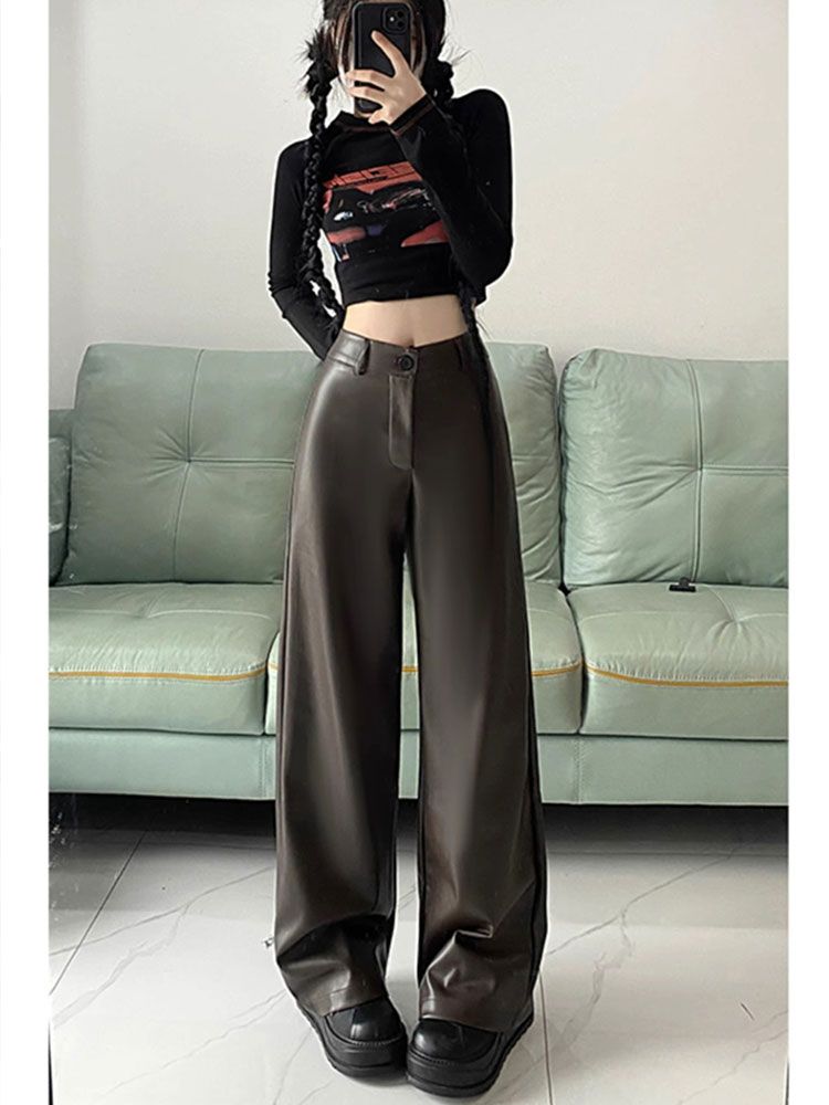 American large-size retro high-end PU leather casual pants for women in spring and autumn high-waist slim leather pants wide-leg pants floor-length trousers