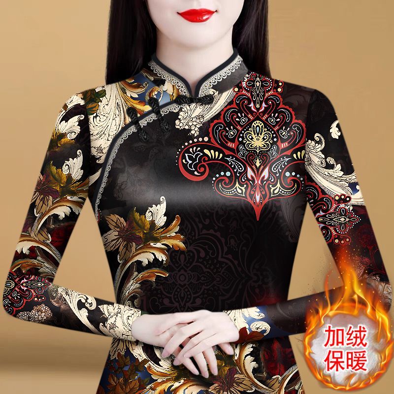加絨改良旗袍領打底衫女裝2023年秋冬新款洋氣印花修身內搭上衣潮