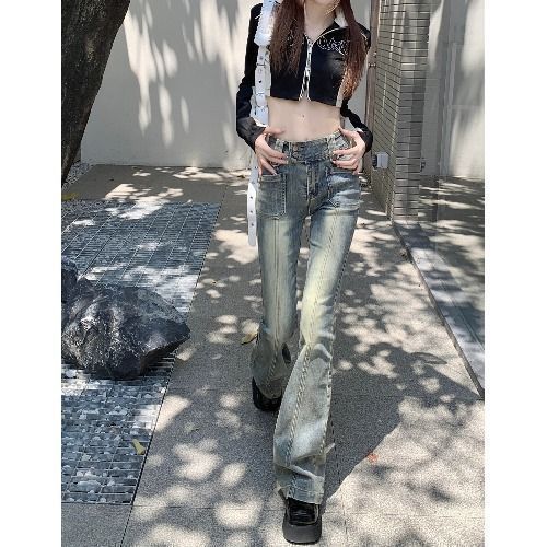 港風復古微喇叭牛仔褲女春秋新款美式高腰顯瘦直筒褲褲子韓系長褲