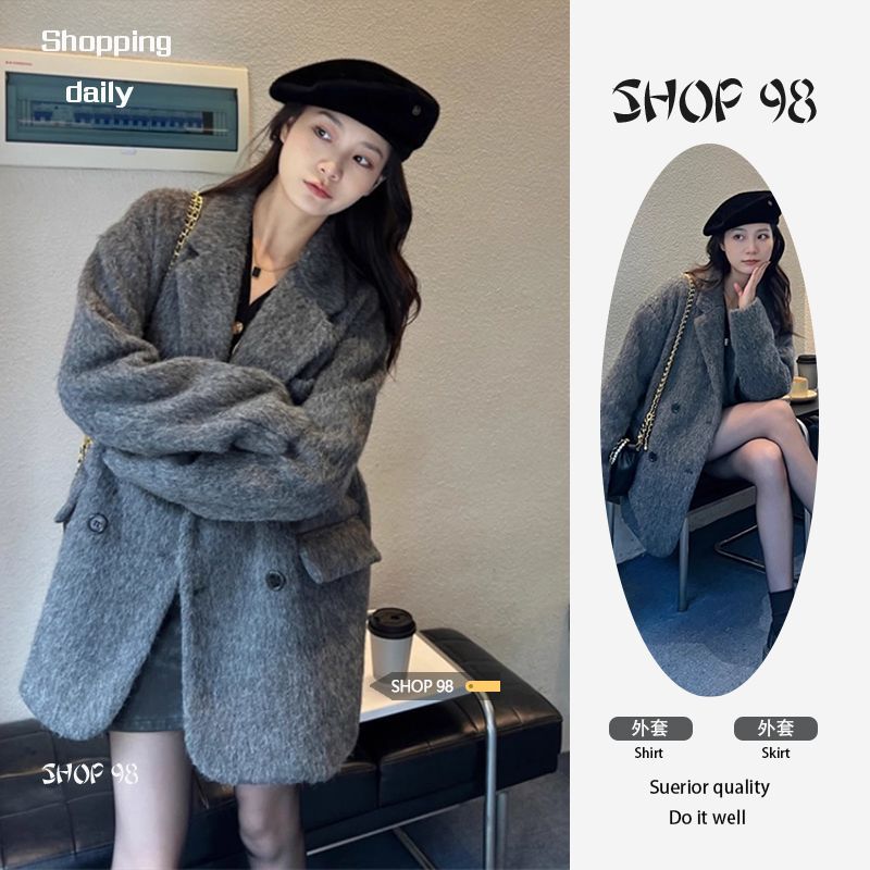 SHOP 98灰色墊肩西裝毛呢外套女秋冬季加厚設計感小眾呢子大衣潮