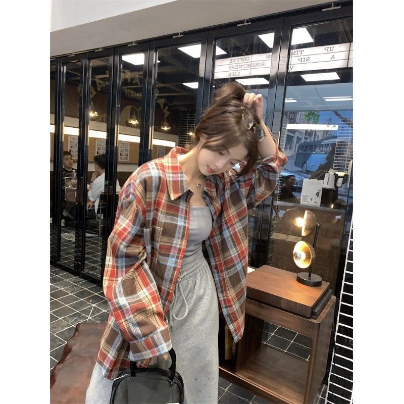 休閒紅色格子襯衫港風疊穿復古慵懶風長袖設計感春秋季上衣外套女