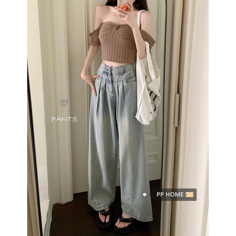 秋季韓版做舊寬鬆闊腿牛仔褲女高腰顯瘦垂感慵懶梨形身材直筒褲