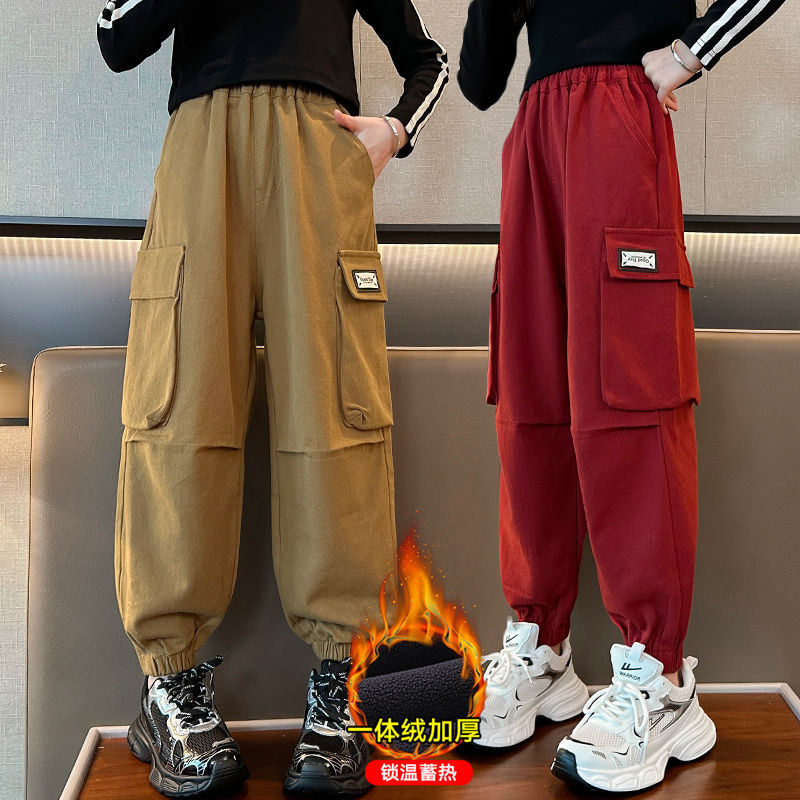女童褲子秋冬款2023新款洋氣時髦運動褲一體絨衛褲兒童棉布工裝褲