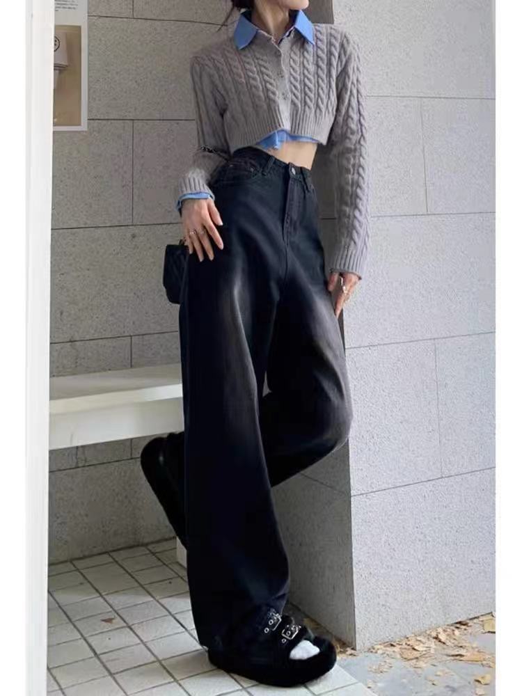 大码美式复古水泥灰直筒牛仔裤女秋季设计感高腰显瘦垂感阔腿裤子