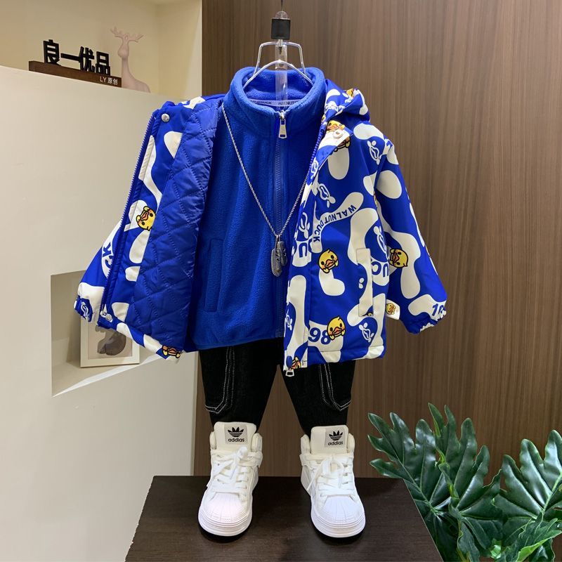 小黃鴨兒童衝鋒衣男童三合一可拆卸新款寶寶秋冬裝季夾棉加厚外套