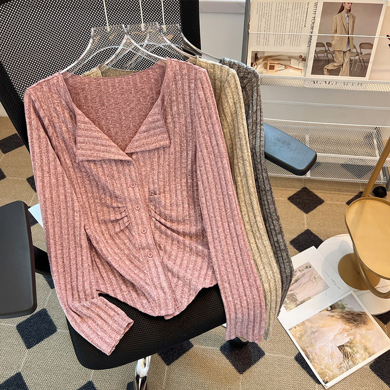 Pink lapel long-sleeved knitted bottoming shirt for women in autumn and winter new sweet and spicy design niche short top