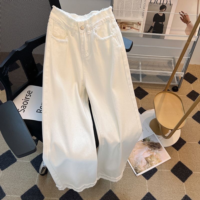 美拉德高腰直筒牛仔褲女2023設計感毛邊拼接港味小個子闊腿拖地褲