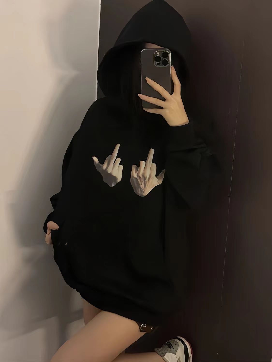 美式hiphop中指連帽衛衣女美式潮牌國潮情侶男女寬鬆潮流加絨上衣