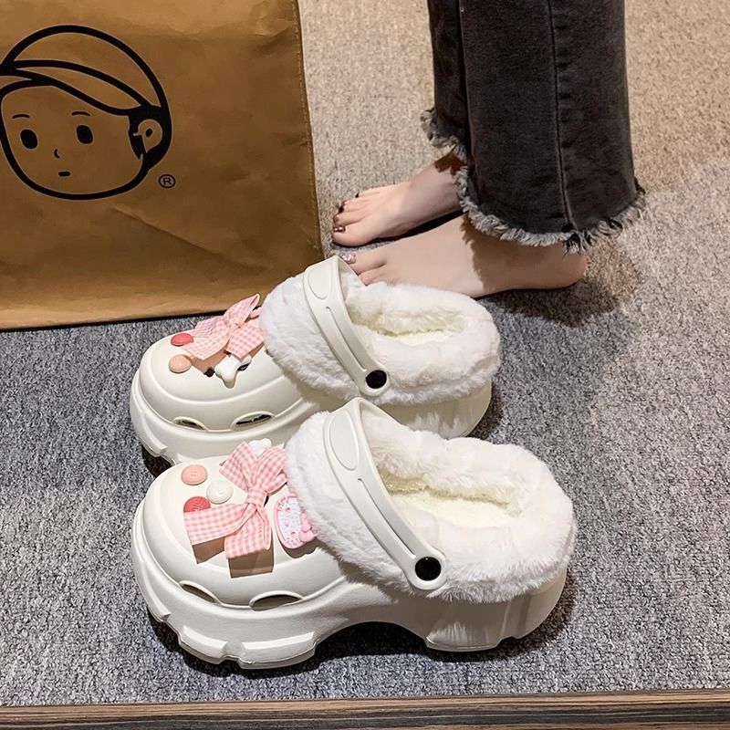 包頭棉拖鞋女外穿2023秋冬新款可愛卡通少女心厚底增高加絨洞洞鞋