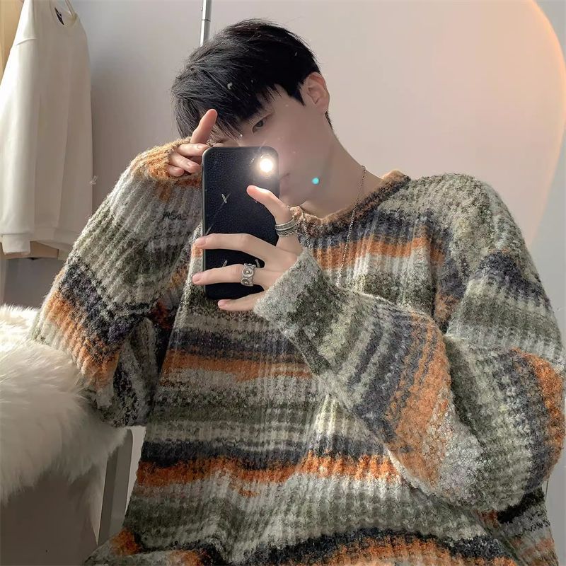 撞色條紋毛衣男2023年冬季美式復古慵懶風寬鬆重磅潮牌針織衫外套