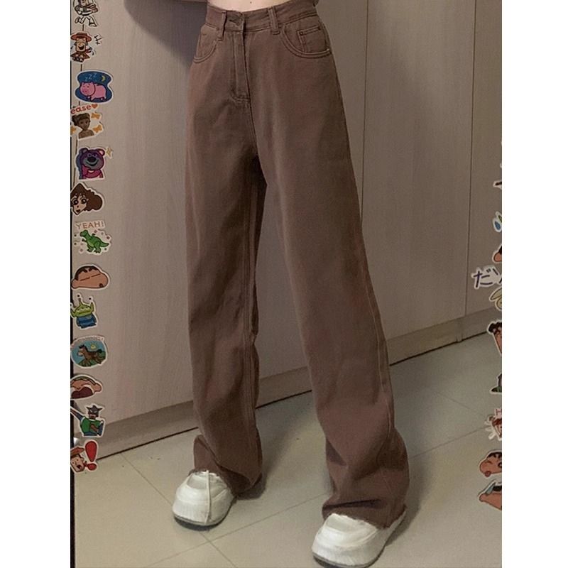 咖色牛仔褲女秋季新款美拉德高腰寬鬆闊腿顯瘦百搭直筒拖地褲子潮