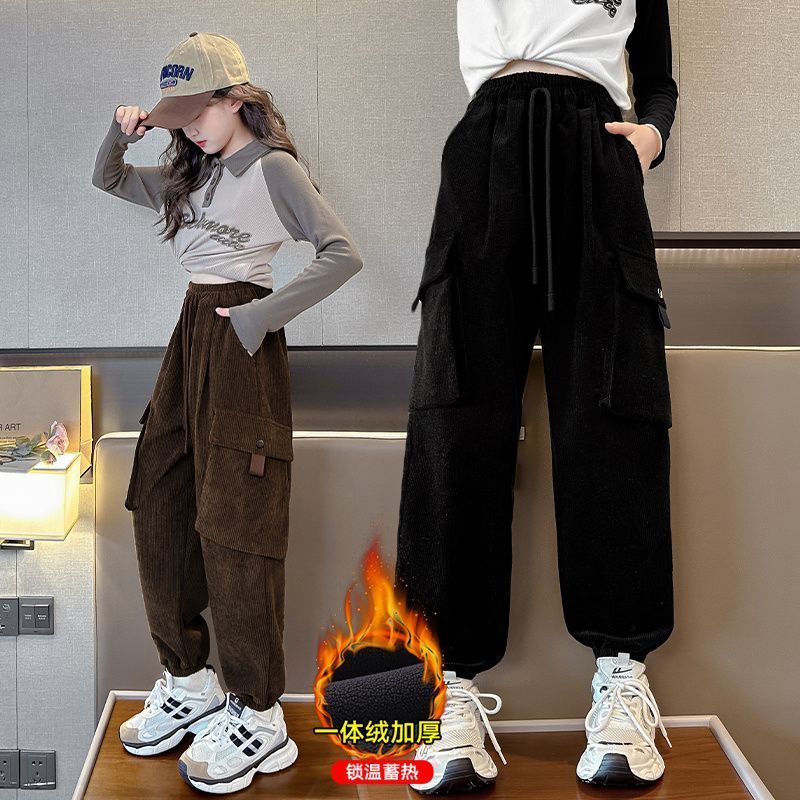 女童加絨褲子秋冬外穿洋氣中大童休閒一體絨加厚工裝褲兒童束腳褲