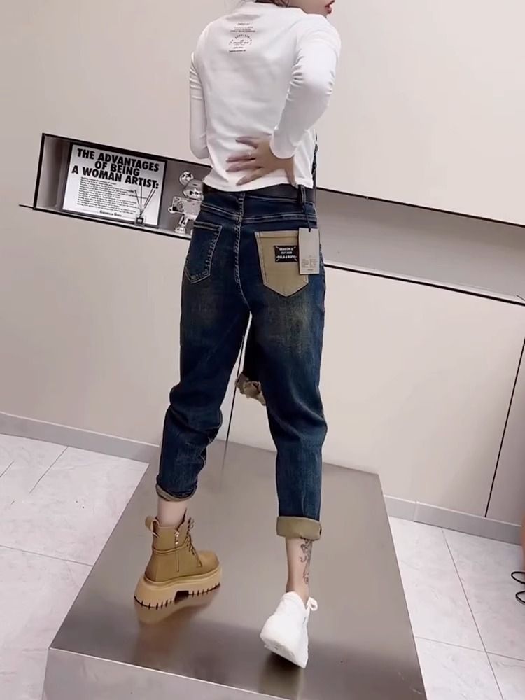 大碼哈倫牛仔褲女2023年秋冬新款高腰寬鬆顯瘦小個子九分老爹褲潮