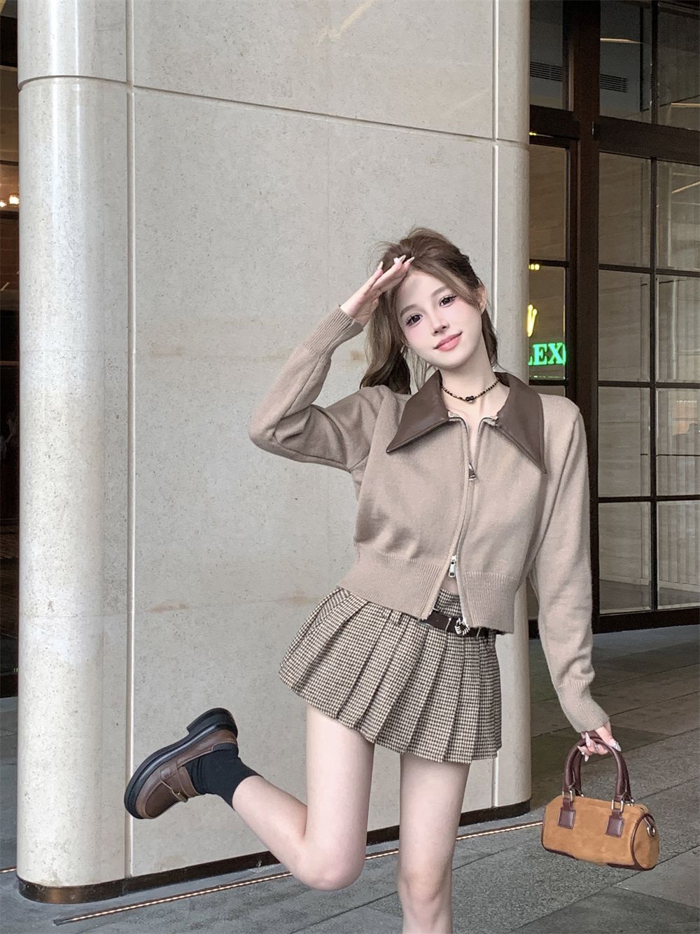 Sweater coat women's  autumn new style small fragrant style double-ended zipper splicing leather lapel waist long-sleeved knitted cardigan