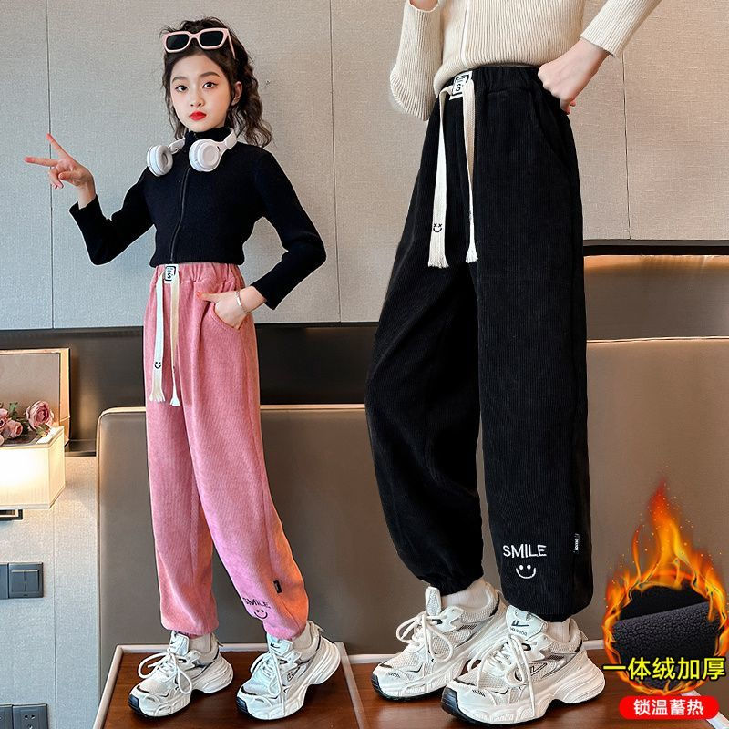 女童加絨褲子秋冬款外穿洋氣寬鬆冬季一體絨中大童衛褲兒童運動褲