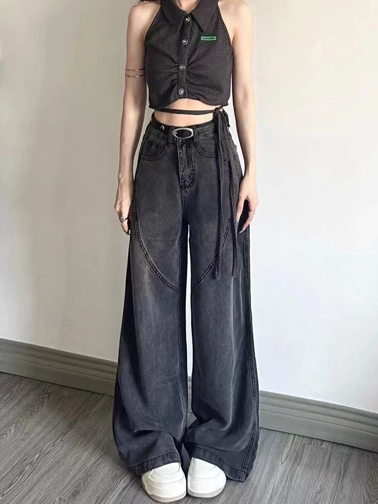 美式復古黑灰直筒牛仔褲女秋冬新款高腰寬鬆闊腿顯瘦垂感拖地褲子