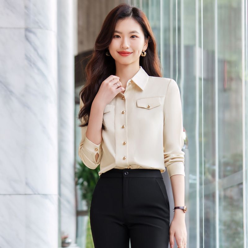 杏色襯衫女春秋長袖2023新款正裝職業裝雪紡通勤上衣女士襯衣套裝