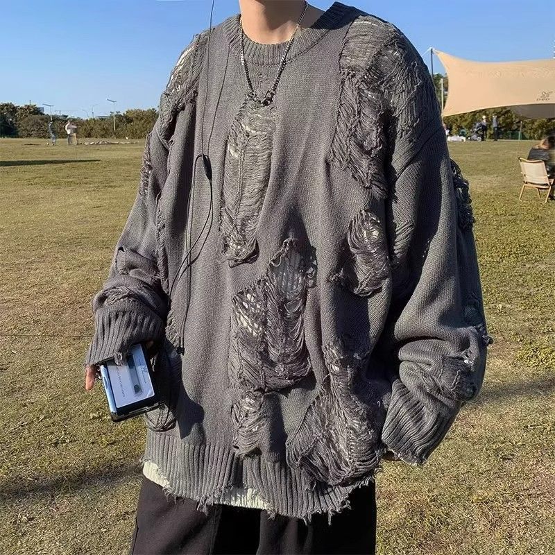 廢土風毛衣男冬季美式假兩件破洞設計感高街慵懶風乞丐做舊針織衫