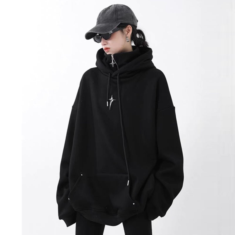 Heavy-duty design high-collar hooded sweatshirt for women spring and autumn thickened half-zip tops for men and couples pullover hoodie jackets