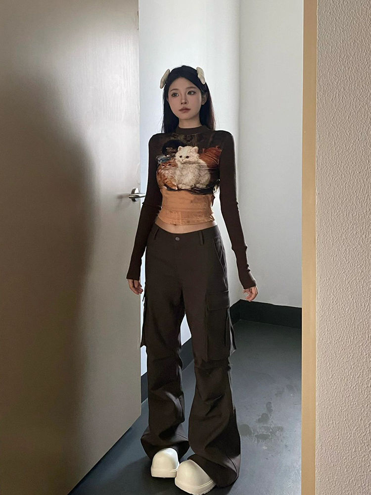 美式正肩貓咪長袖t恤女春秋內搭打底衫修身顯瘦辣妹短款緊身上衣