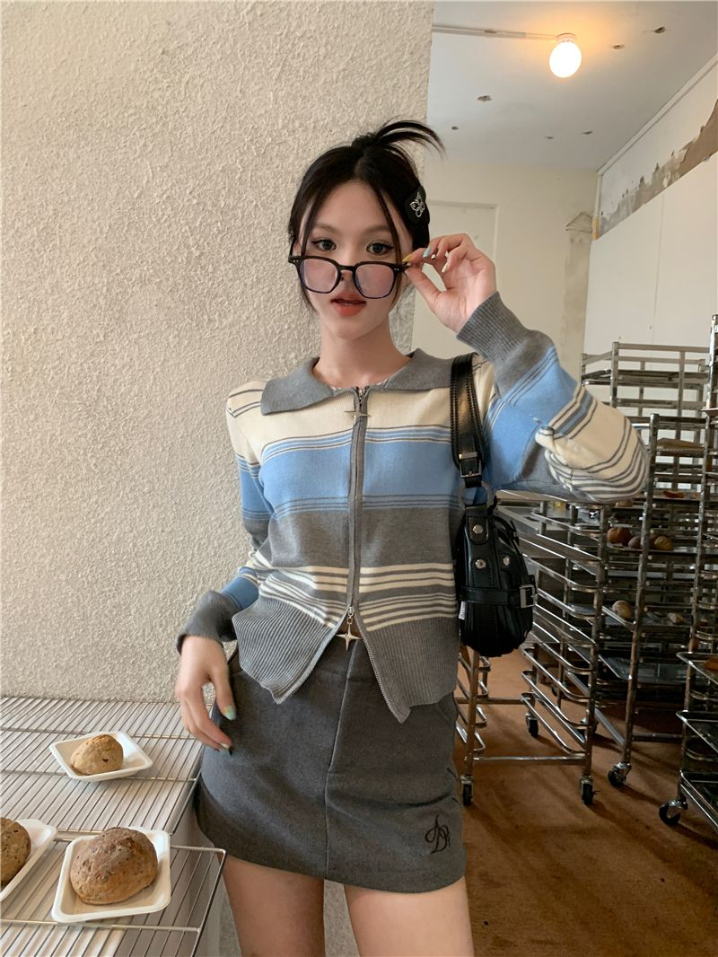 Popular Maillard design striped Polo collar double zipper niche short knitted cardigan sweater ins thin style